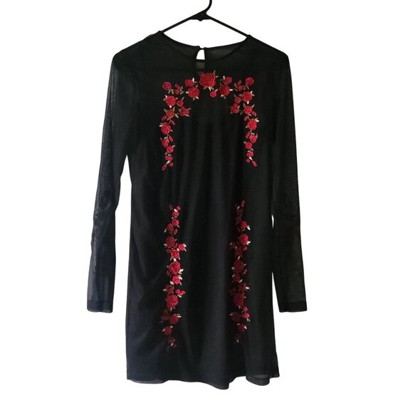 Forever 21 Black Mesh Long Sleeve Floral Embroidered Mini Dress -M - Picture 8 of 10